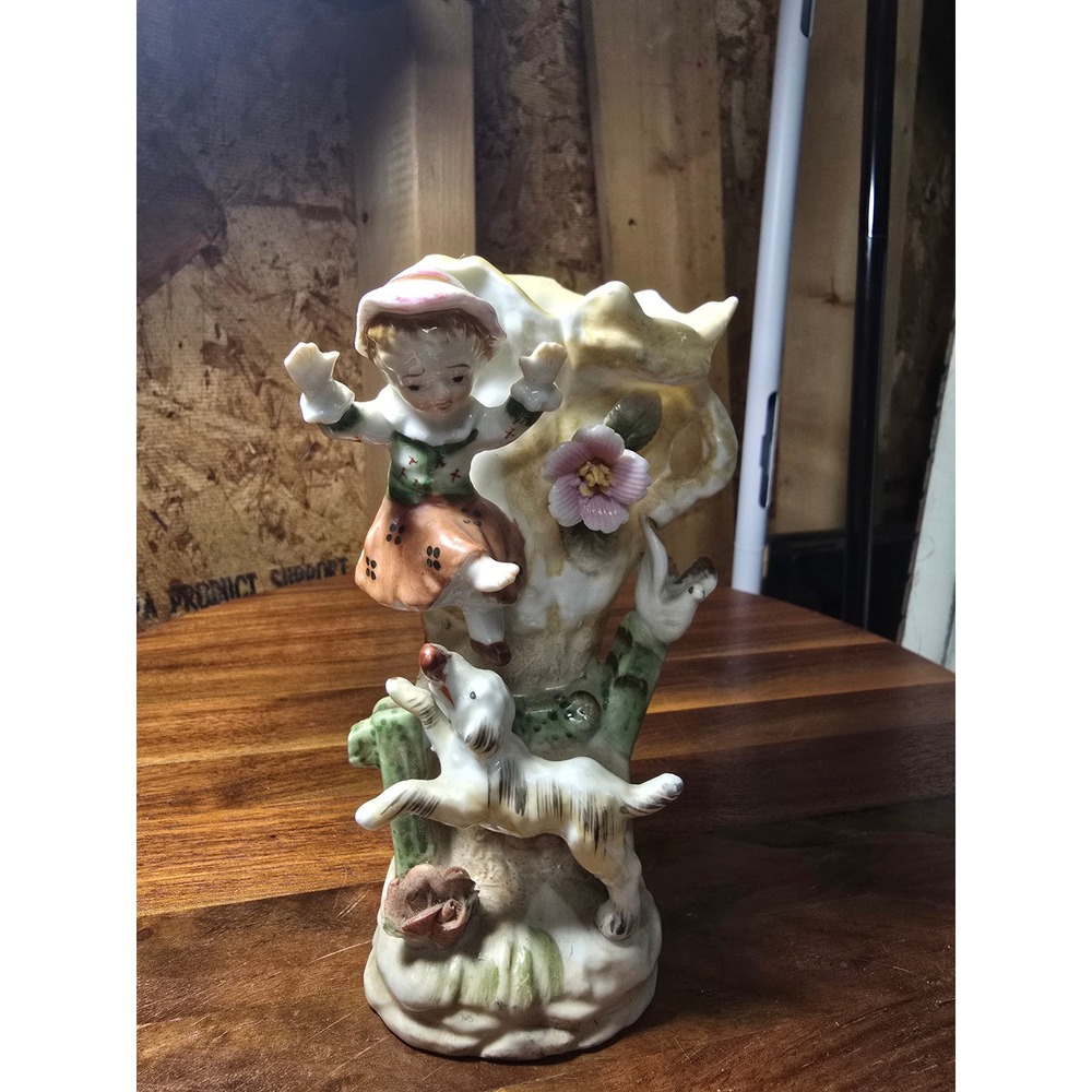 Vintage Ucagco Ceramics Japan Bud Vase Girl Dog Bird Tree Trunk Figurine 6 Inch